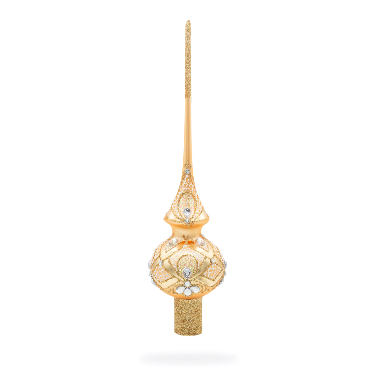 Dimensional Diamonds on Rose Gold Artisan Hand Crafted Mouth Blown Glass Christmas Tree Topper 11 Inches in Ivory color, Triangle shape