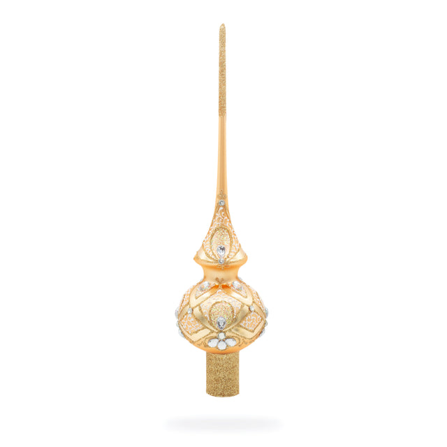 Glass Dimensional Diamonds on Rose Gold Artisan Hand Crafted Mouth Blown Glass Christmas Tree Topper 11 Inches in Ivory color Triangle