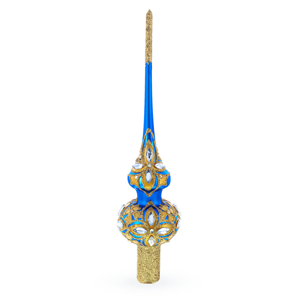 Diamond Stars on Blue and Gold Glass Christmas Tree Topper 11 Inches in Blue color Triangle