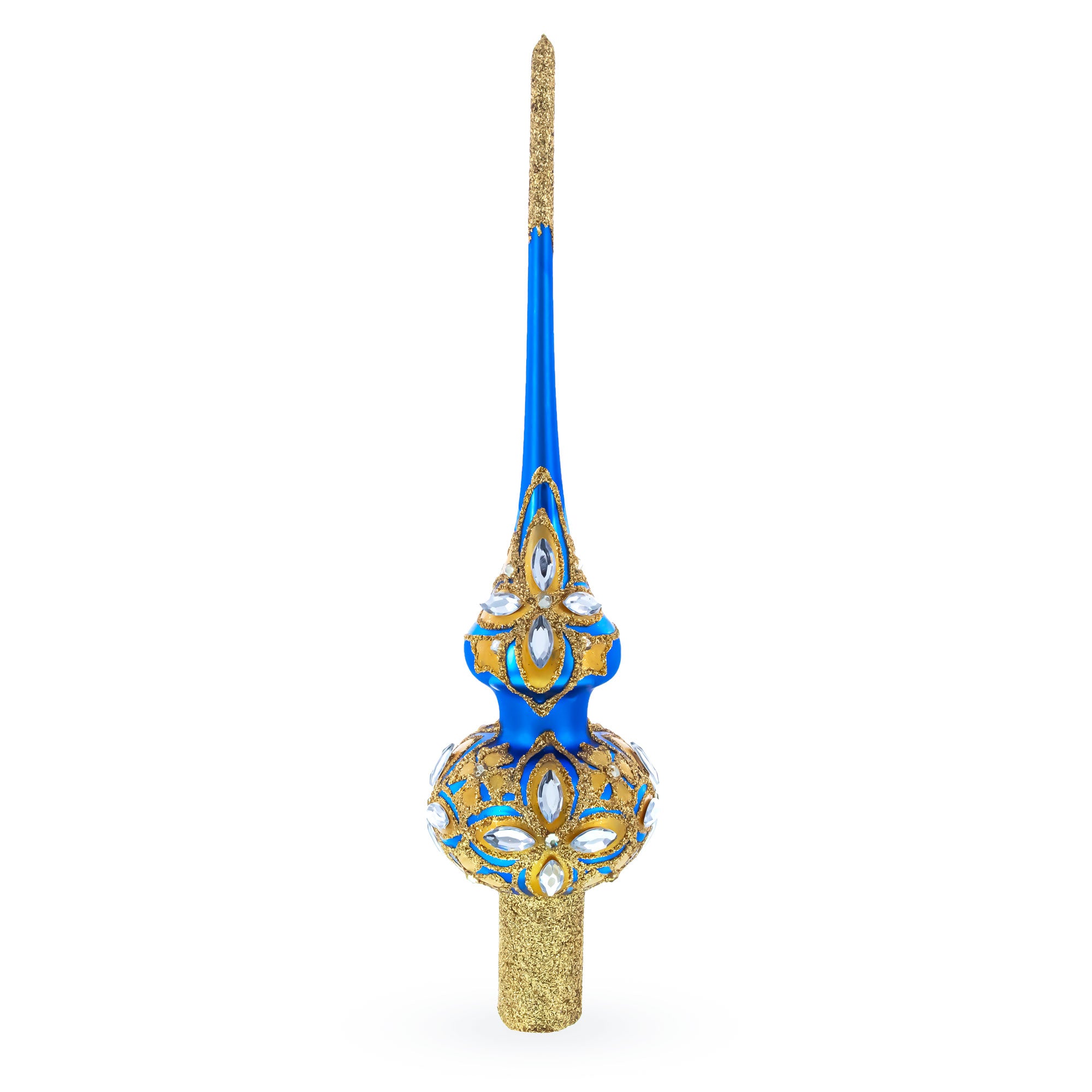 Diamond Stars on Blue and Gold Glass Christmas Tree Topper 11 Inches in Blue color Triangle