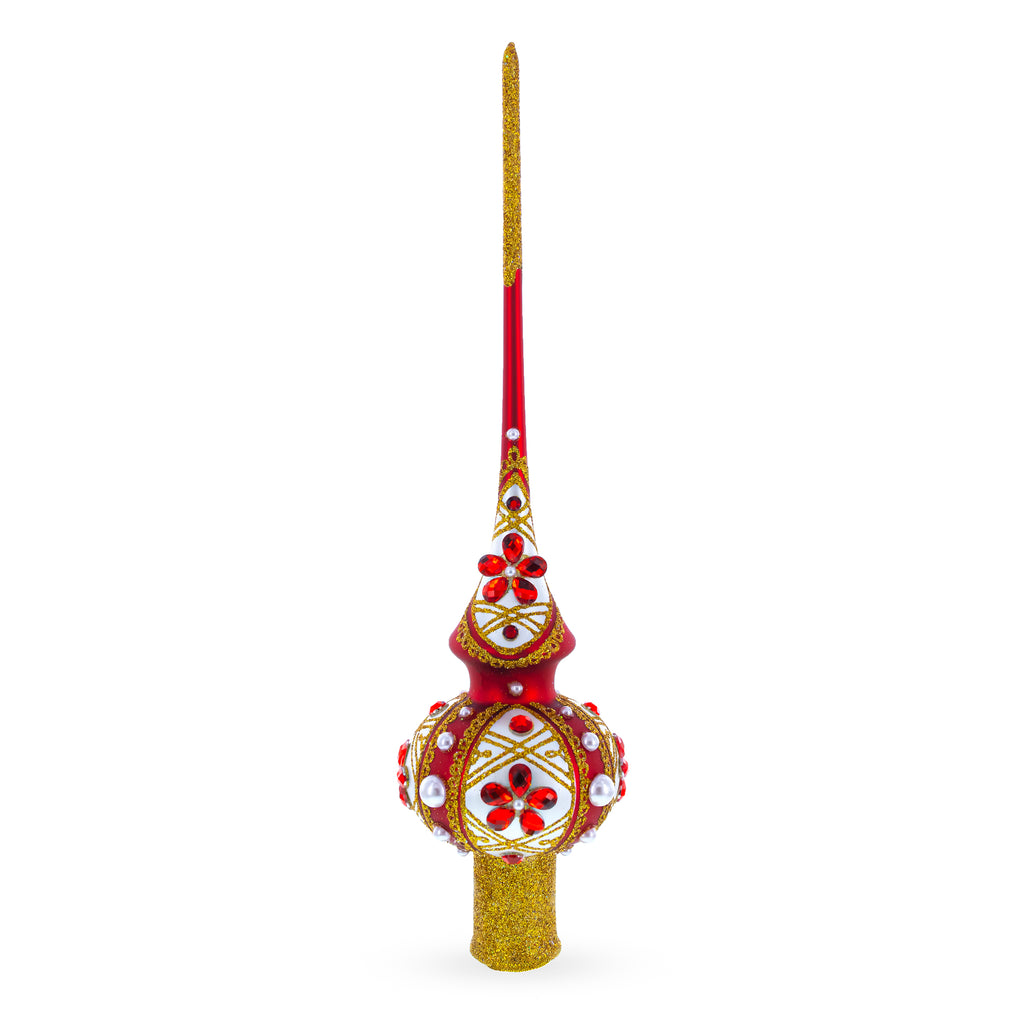 Dimensional Red Jewels and White Pearls on Red Blown Glass Christmas Tree Topper 11 Inches in Multi color Triangle