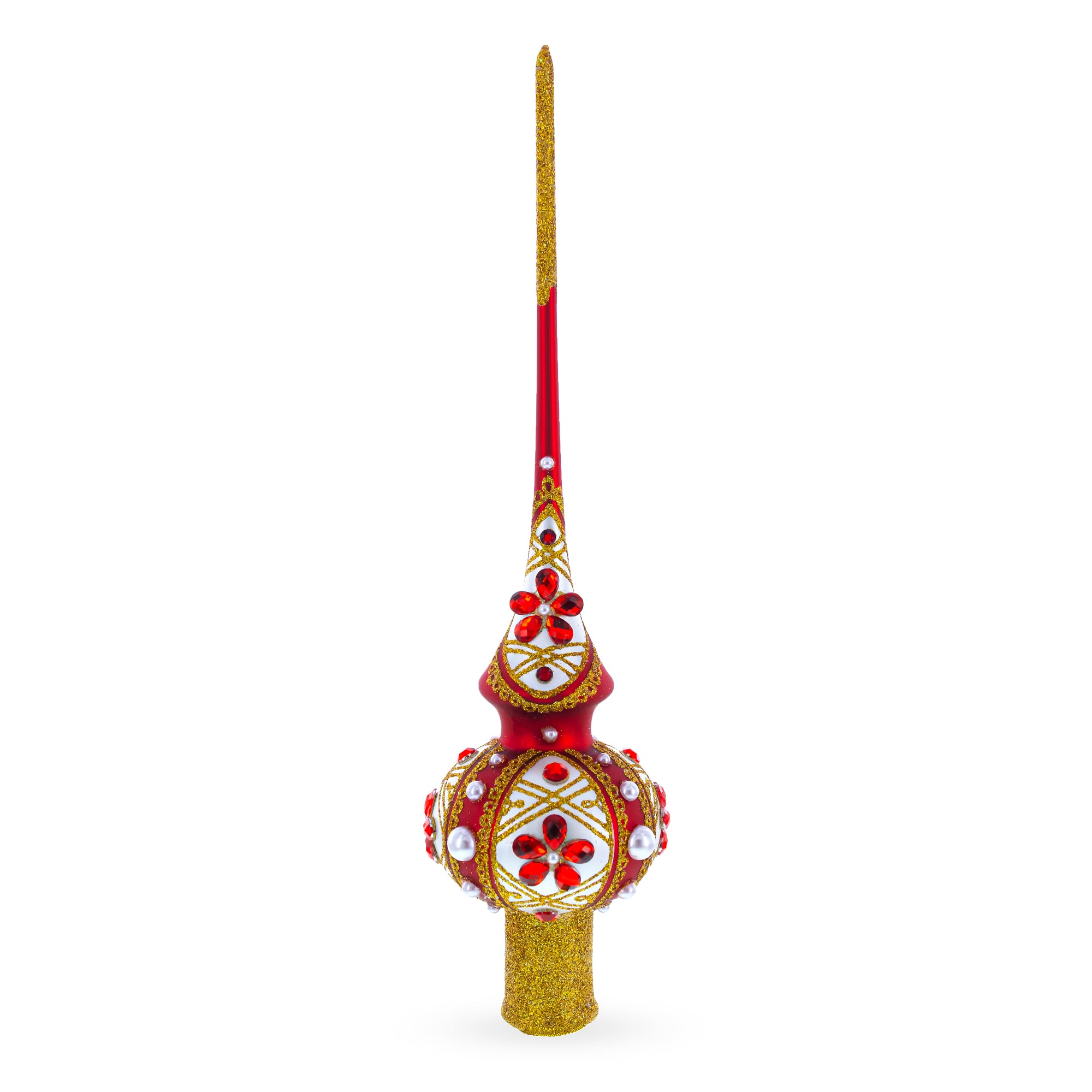 Dimensional Red Jewels and White Pearls on Red Blown Glass Christmas Tree Topper 11 Inches in Multi color Triangle