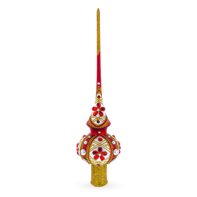 Dimensional Red Jewels and White Pearls on Red Blown Glass Christmas Tree Topper 11 Inches in Multi color Triangle
