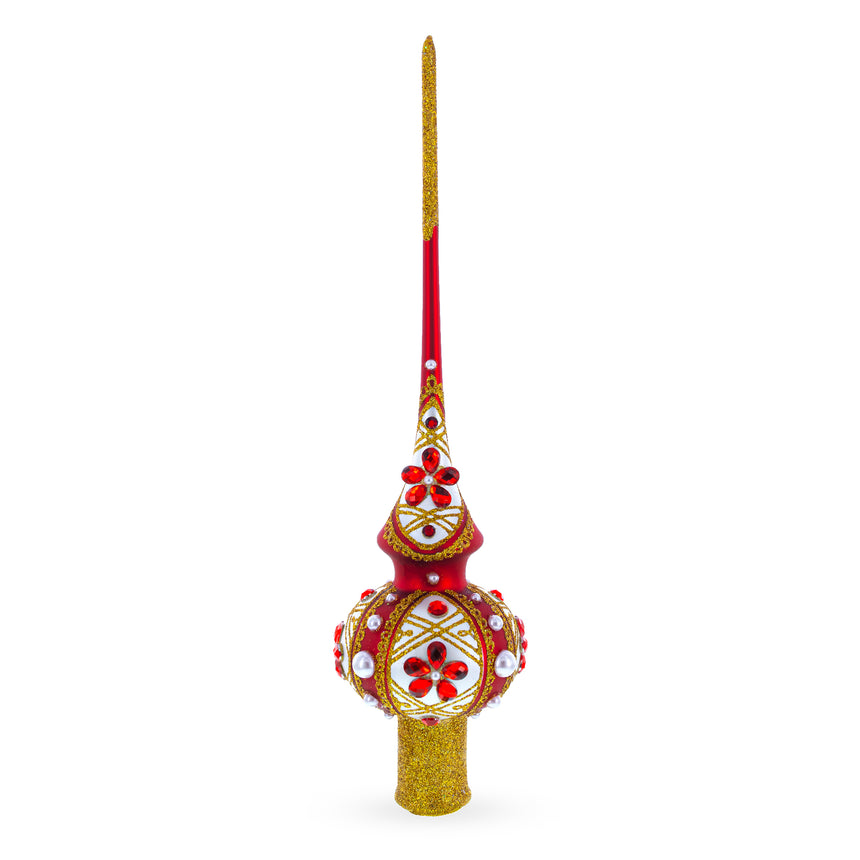 Dimensional Red Jewels and White Pearls on Red Blown Glass Christmas Tree Topper 11 Inches in Multi color Triangle