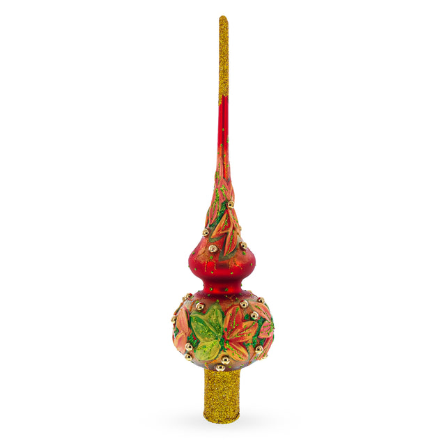 Red and Green Leaves on Red Glass Tree Topper in  color Triangle