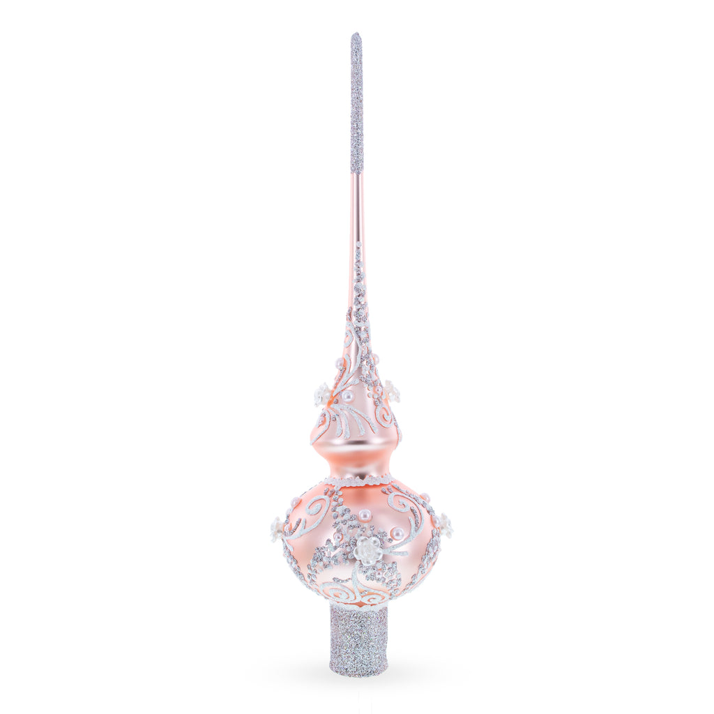 Silver Swirls on Metallic Rose Pink Glass Tree Topper in Pink color Triangle