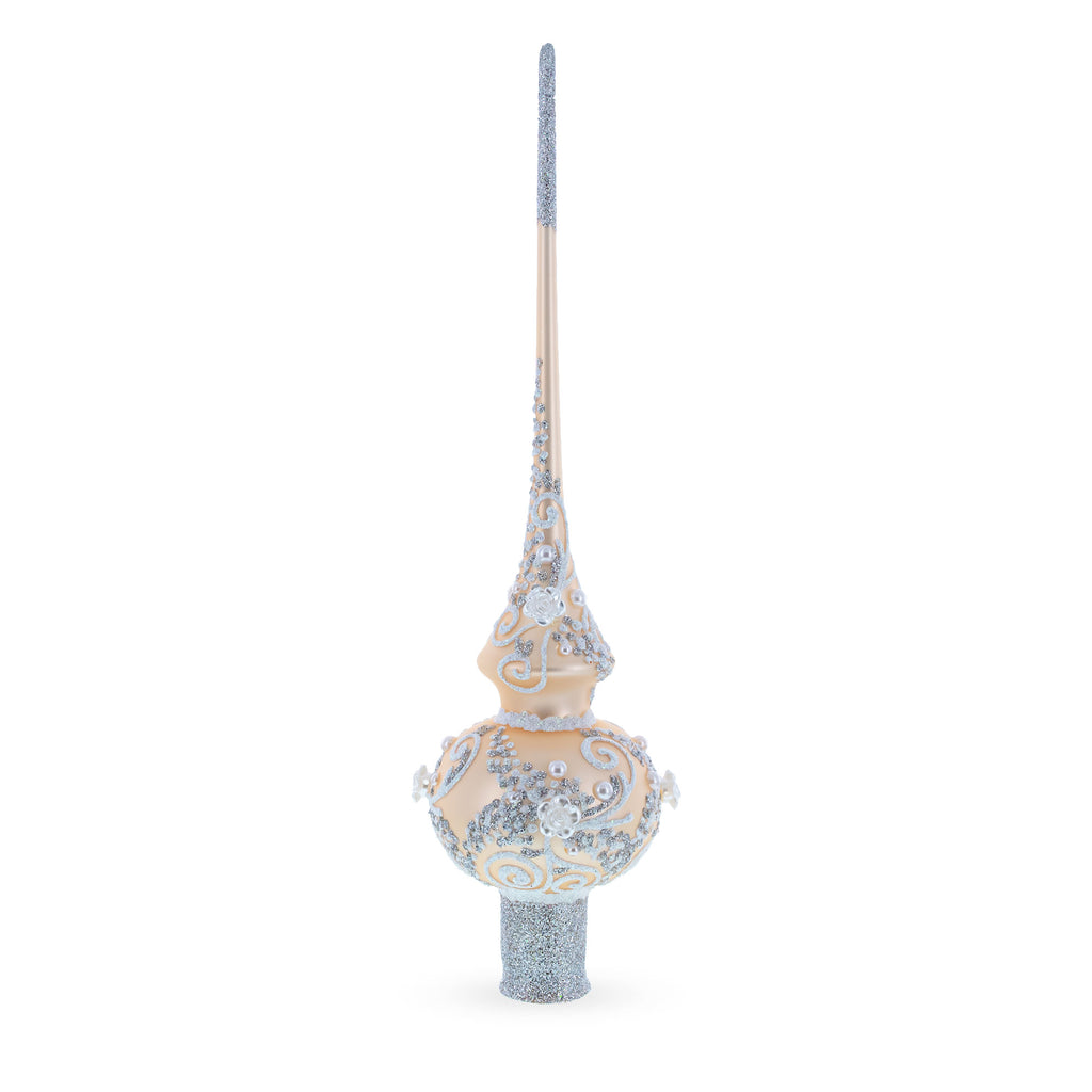 White Swirls on Champagne Glass Tree Topper in Ivory color Triangle