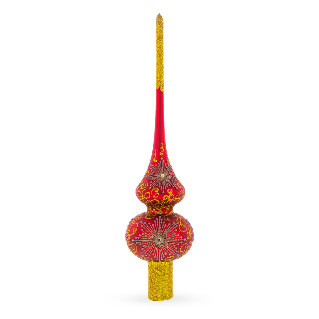 Radiant Jeweled Snowflake on Red Blown Glass Christmas Tree Topper 11 Inches in Red color Triangle