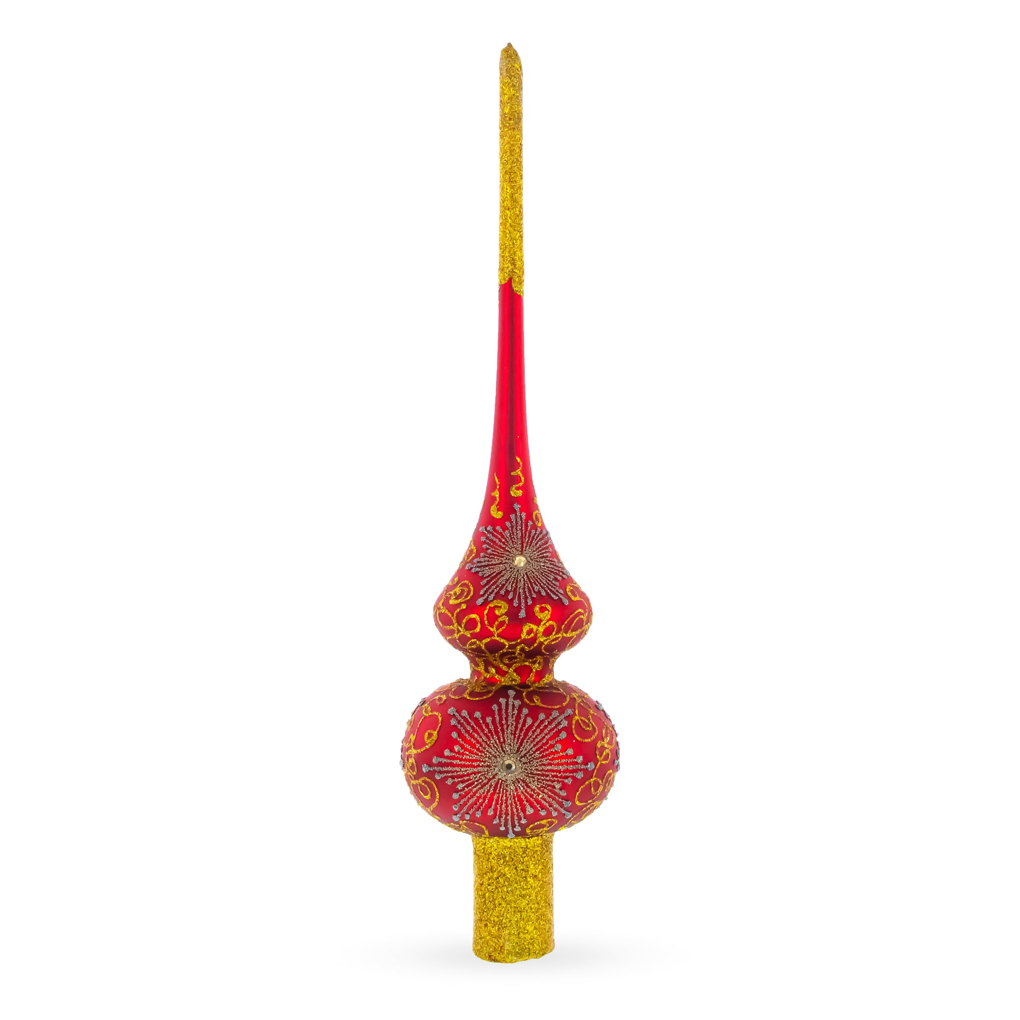 Radiant Jeweled Snowflake on Red Blown Glass Christmas Tree Topper 11 Inches in Red color Triangle