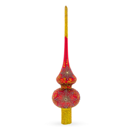 Radiant Jeweled Snowflake on Red Blown Glass Christmas Tree Topper 11 Inches in Red color Triangle