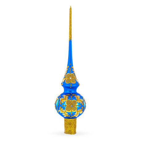 Jeweled Golden Leaves on Blue Blown Glass Christmas Tree Topper 11 Inches in Blue color Triangle