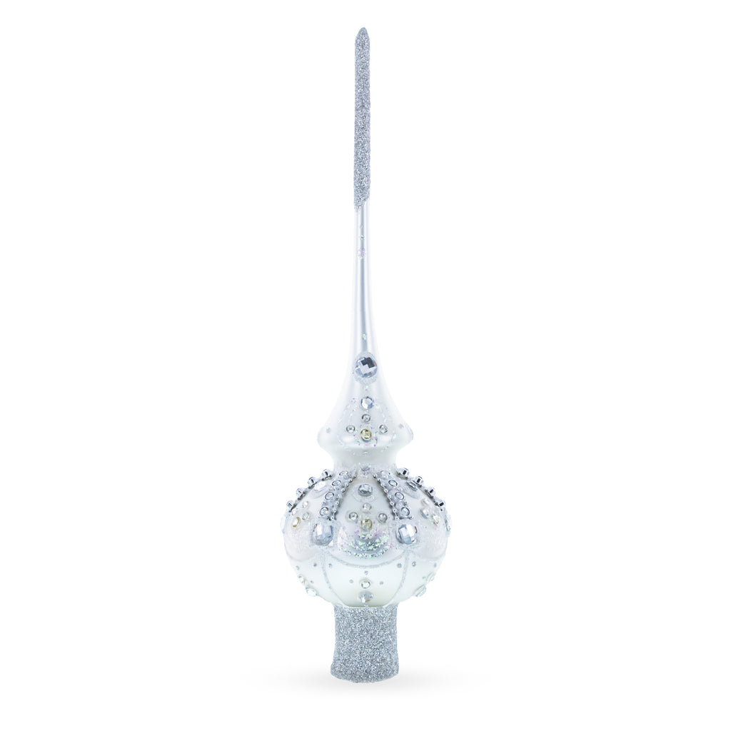 White Jewels on Silver Glass Christmas Tree Topper 11 Inches in White color Triangle