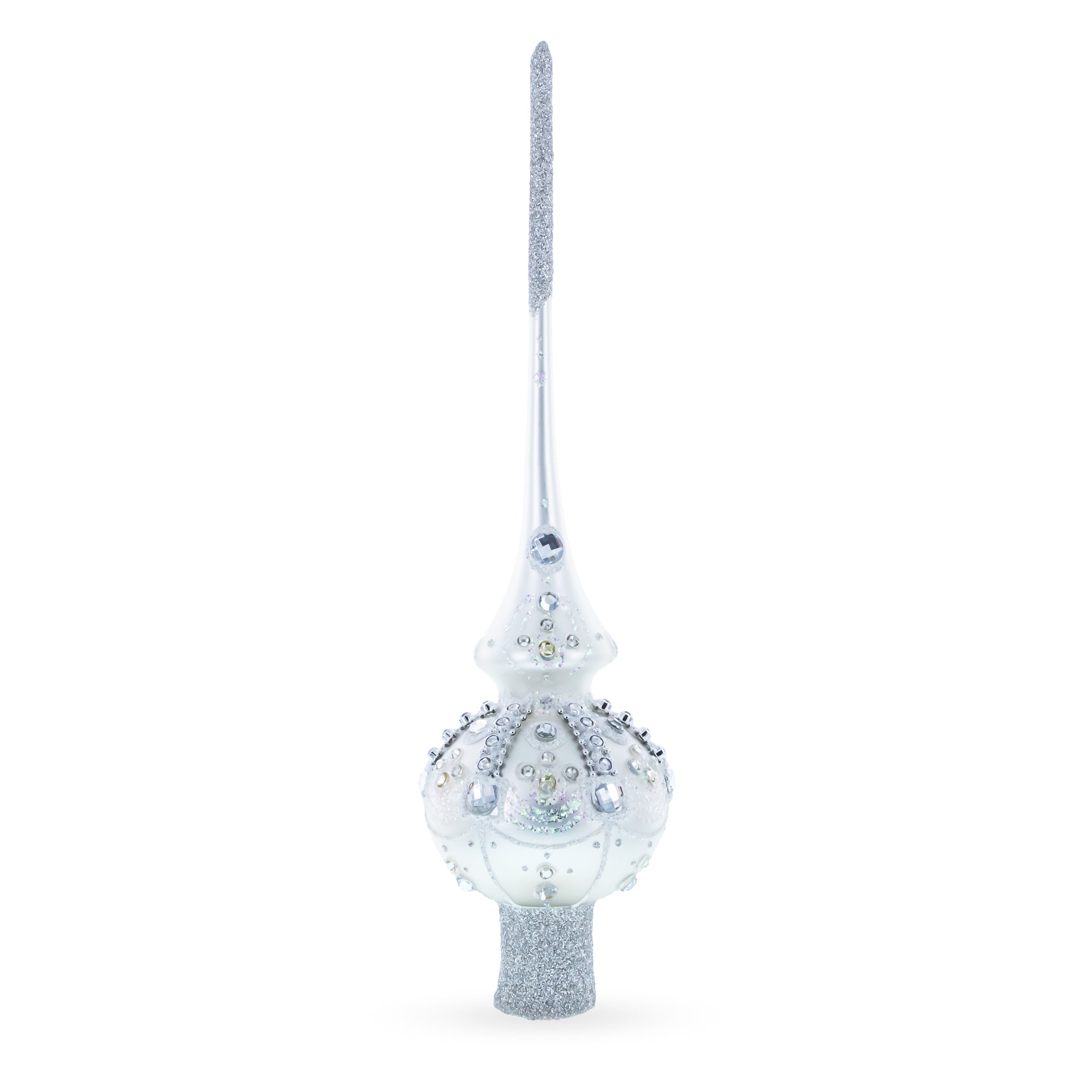 White Jewels on Silver Glass Christmas Tree Topper 11 Inches in White color Triangle