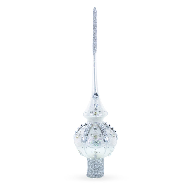 White Jewels on Silver Blown Glass Christmas Tree Topper 11 Inches in White color Triangle