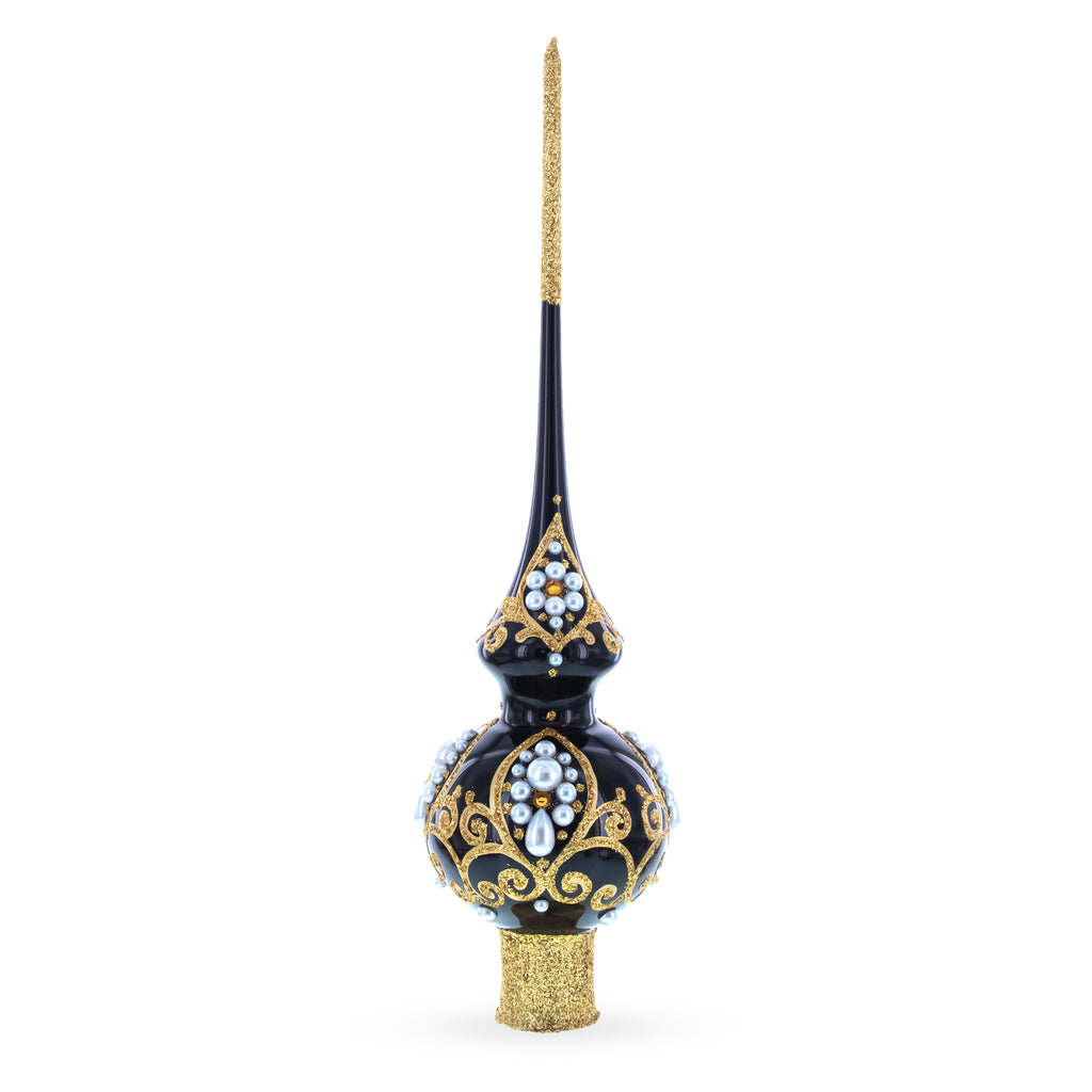 Elegant Black and Gold Filigree Design Glass Christmas Tree Topper 11 Inches in Black color Triangle