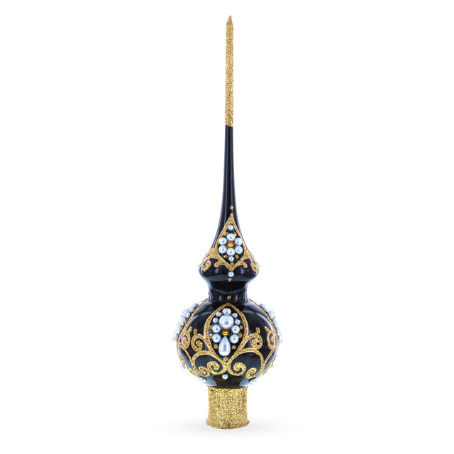 Elegant Black and Gold Filigree Design Glass Christmas Tree Topper 11 Inches in Black color Triangle