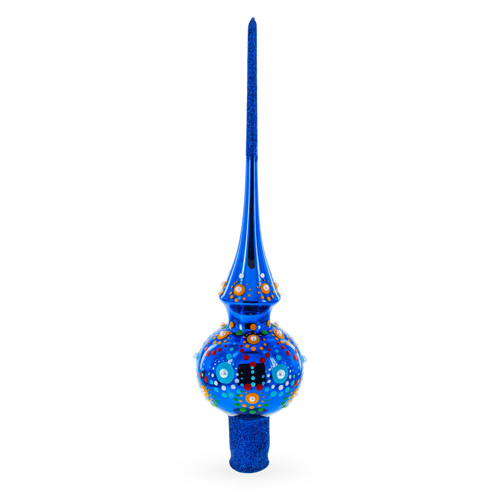 Glossy Blue with Festive Accents Glass Christmas Tree Topper in Blue color Triangle