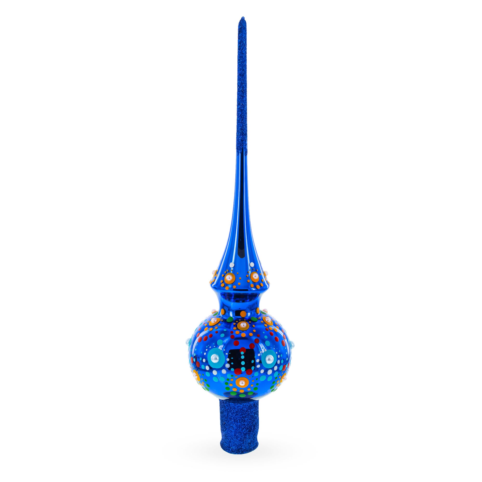Glossy Blue with Festive Accents Glass Christmas Tree Topper in Blue color Triangle