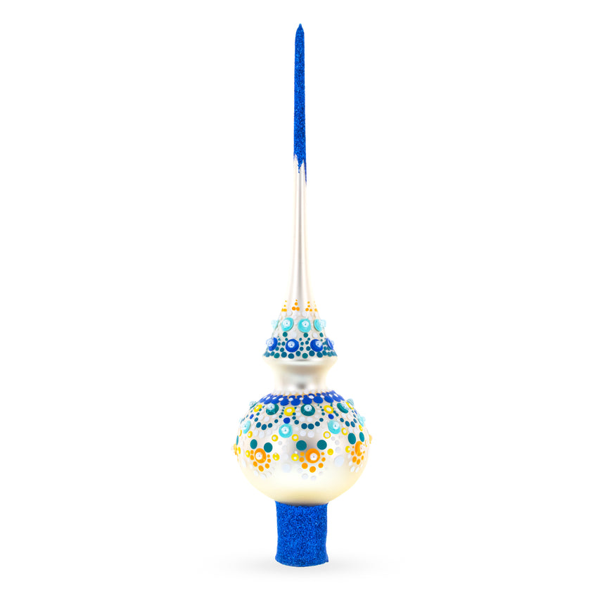 Chic Iridescent Pearl with Blue Embellishments Glass Christmas Tree Topper 11 Inches in Beige color Triangle