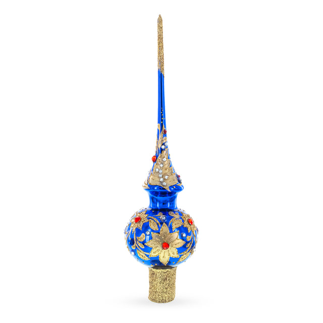 Royal Blue and Gold Floral Majesty Glass Christmas Tree Topper 11 Inches in Blue color Triangle