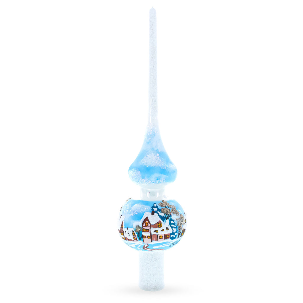 Winter Wonderland Scene with Sparkling Snow Glass Christmas Tree Topper 11 Inches in White color Triangle