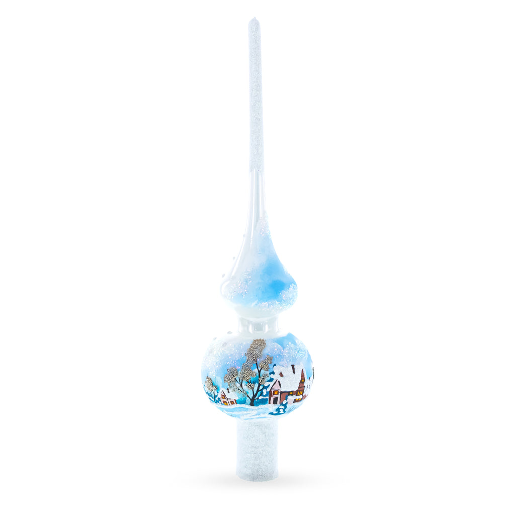 Winter Wonderland Scene with Sparkling Snow Glass Christmas Tree Topper 11 InchesUkraine , dimensions in inches: 11 x 2.75 x 2.75