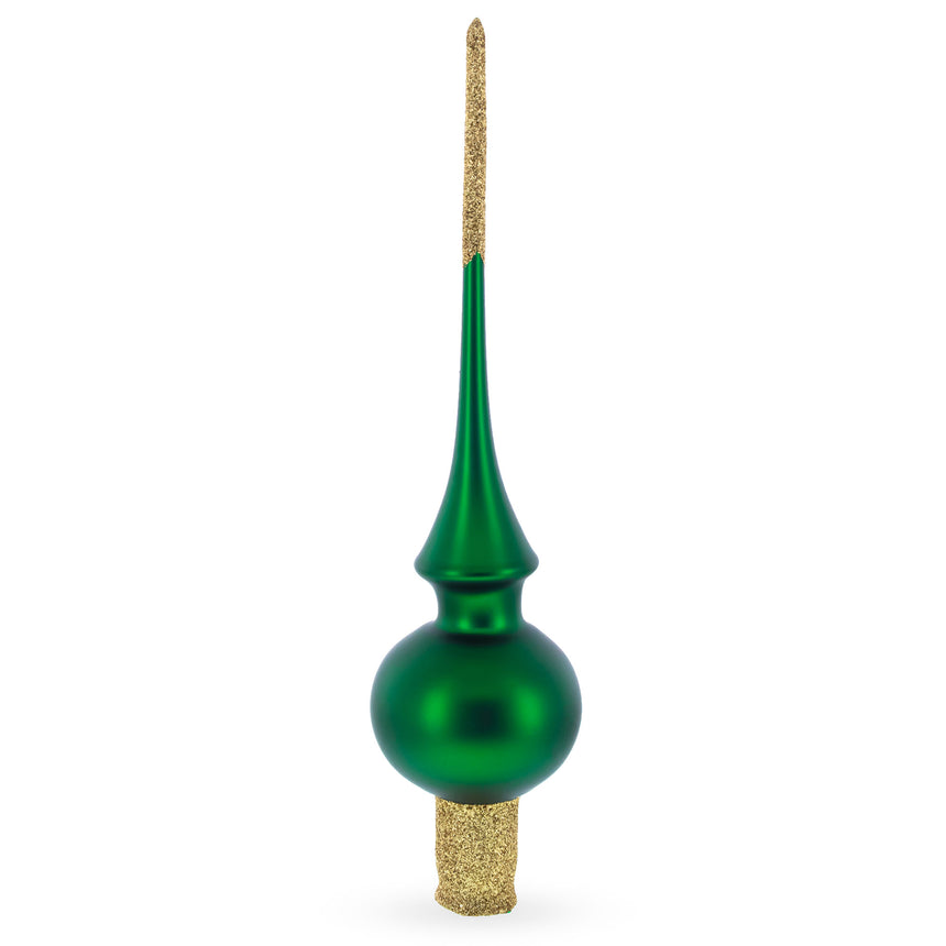 Solid Green with Sparkling Top Blown Glass Christmas Tree Topper 11 Inches in Green color Triangle