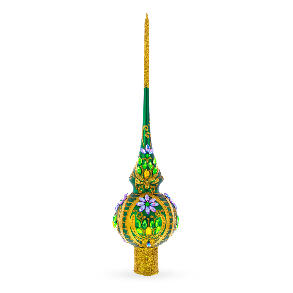 Enchanted Emerald Jeweled Green Glass Christmas Tree Topper 11 Inches in Green color Triangle