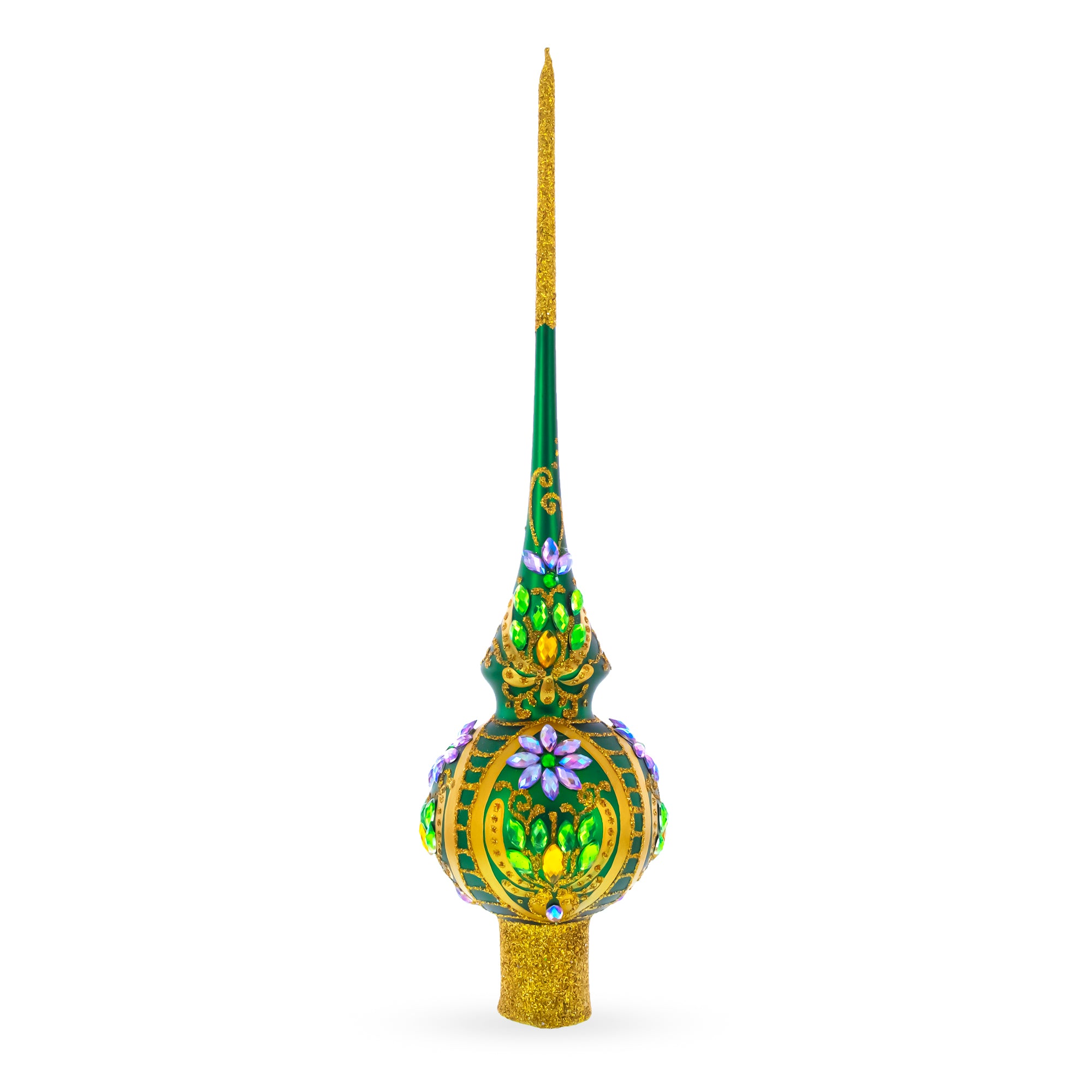 Enchanted Emerald Jeweled Green Glass Christmas Tree Topper 11 Inches in Green color Triangle