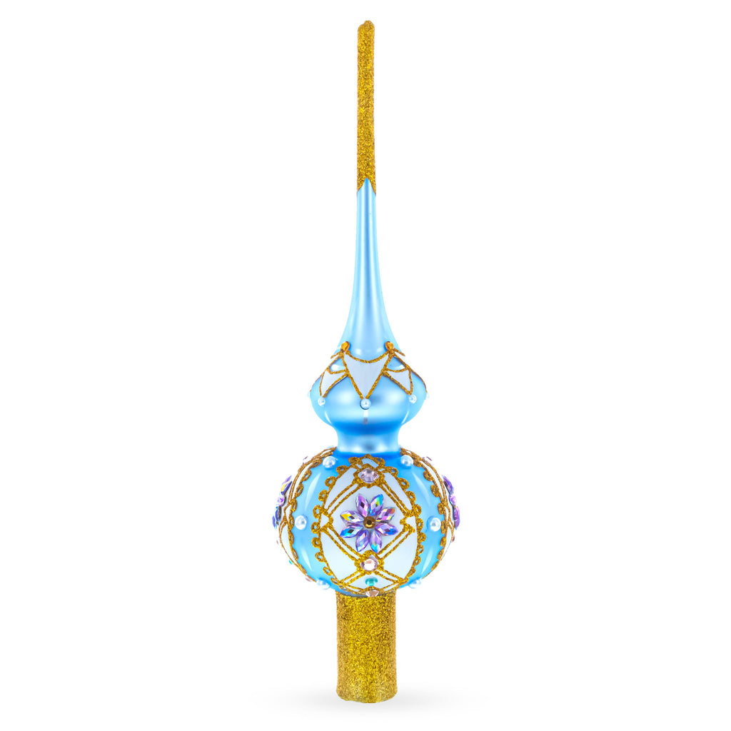 Elegant Blue and Purple Jewel-Encrusted Glass  Tree Topper 11 Inches in Blue color Triangle