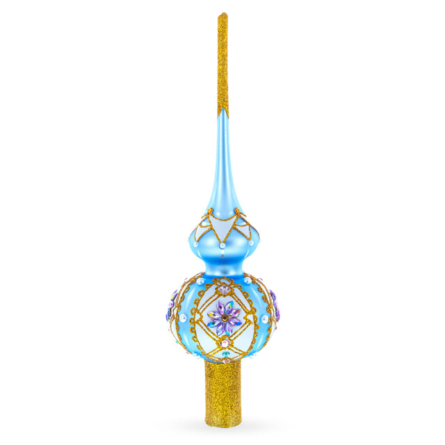 Elegant Blue and Purple Jewel-Encrusted Blown Glass  Tree Topper 11 Inches in Blue color Triangle