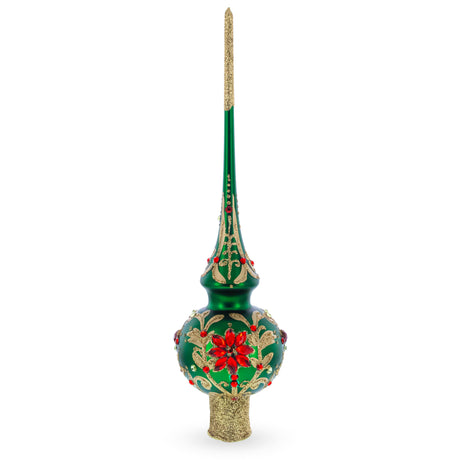 Regal Emerald & Red Mouth Blown Glass Christmas Tree Topper 11 Inches in Green color Triangle