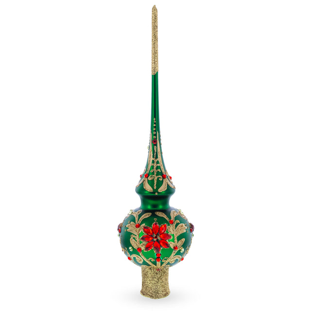 Regal Emerald & Red Mouth Blown Glass Christmas Tree Topper 11 Inches in Green color Triangle