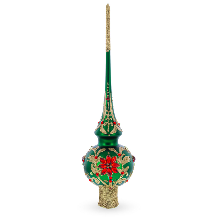 Regal Emerald & Red Mouth Blown Glass Christmas Tree Topper 11 Inches in Green color Triangle
