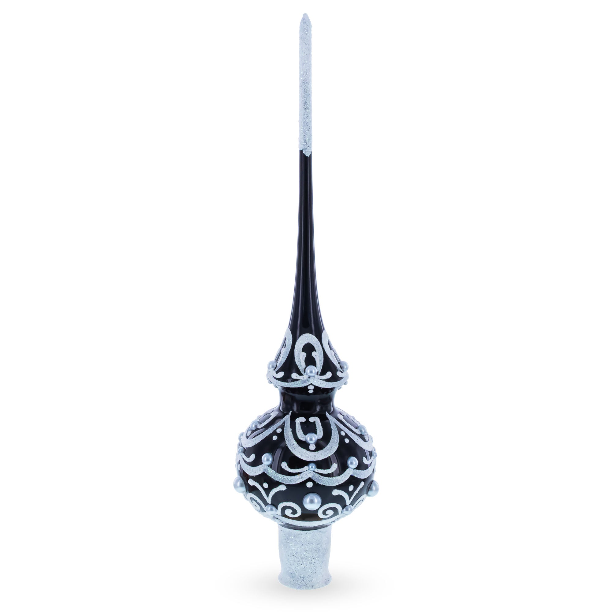 Black & White Scroll Pear Mouth Blown Glass Christmas Tree Topper 11 Inches in Black color Triangle