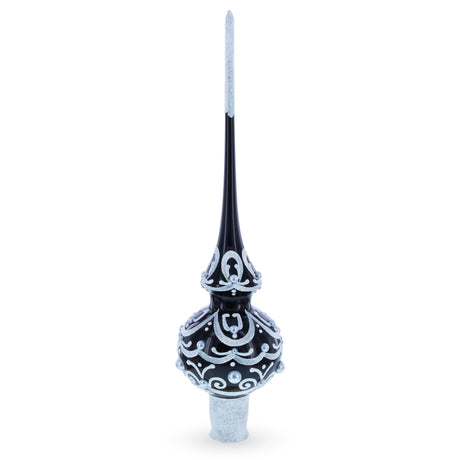 Black & White Scroll Pear Mouth Blown Glass Christmas Tree Topper 11 Inches in Black color Triangle
