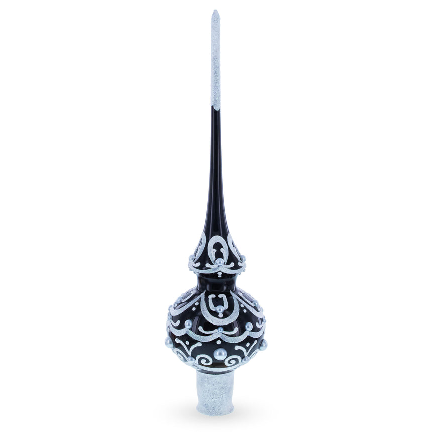 Black & White Scroll Pear Mouth Blown Glass Christmas Tree Topper 11 Inches in Black color Triangle