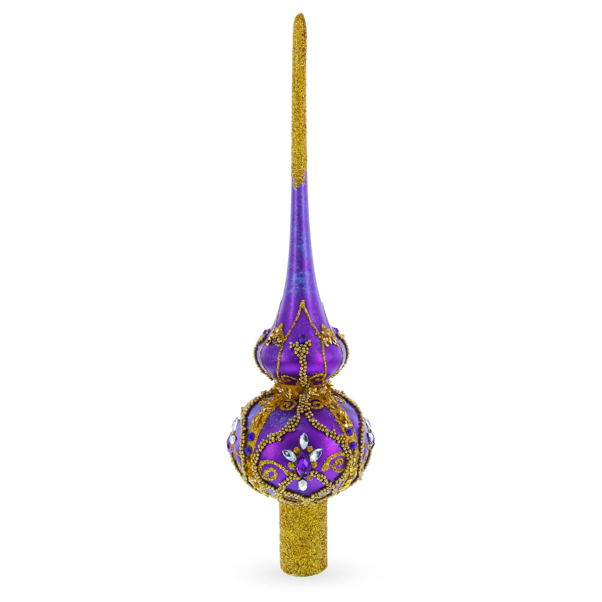 Regal Purple & Gold Jeweled Finial Glass Christmas Tree Topper 11 Inches in Purple color Triangle
