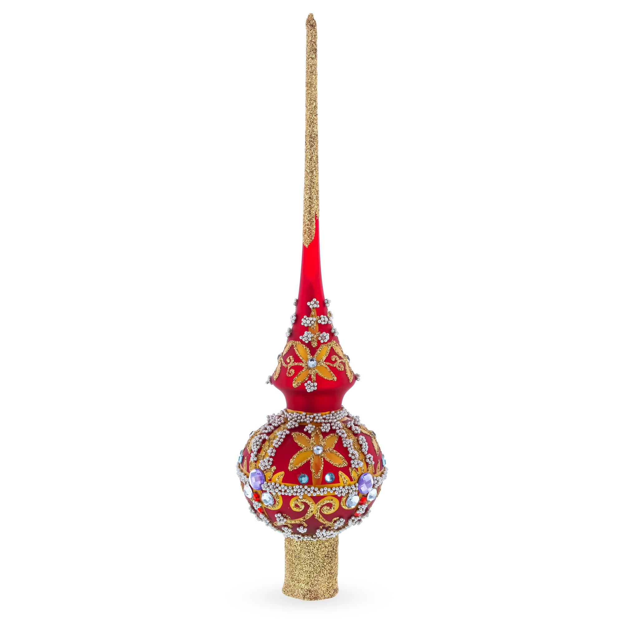 Baroque Style Red & Gold Jeweled Finial Glass Christmas Tree Topper 11 Inches in Red color Triangle