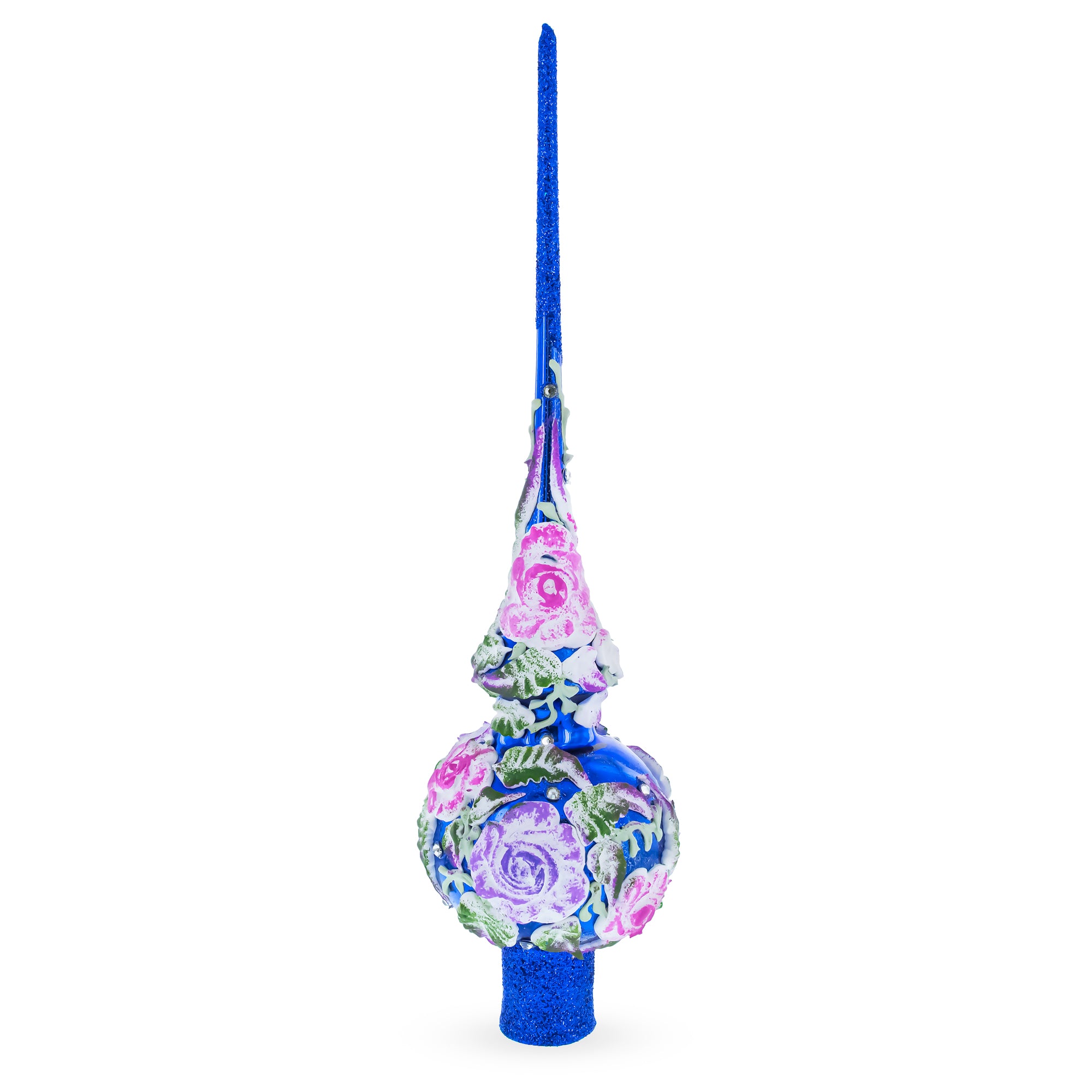 Raised Pink Roses on Cobalt Blue Glass Christmas Tree Topper 11 Inches in Blue color Triangle
