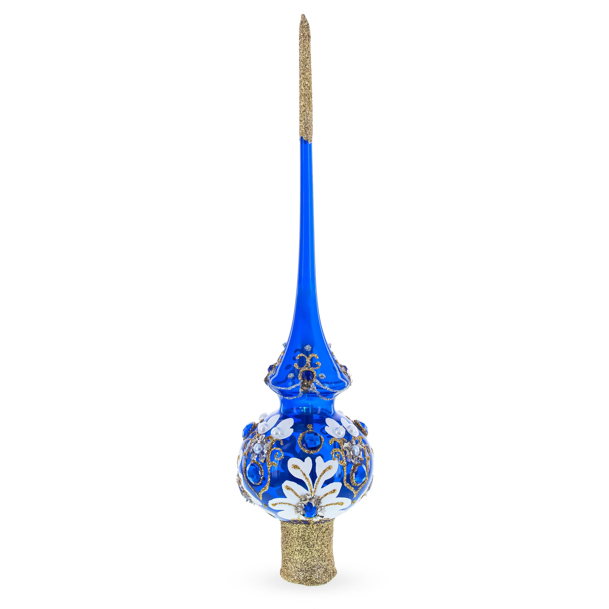 White Florals with Jeweled Accents on Royal Blue Glass Christmas Tree Topper 11 Inches in Blue color Triangle