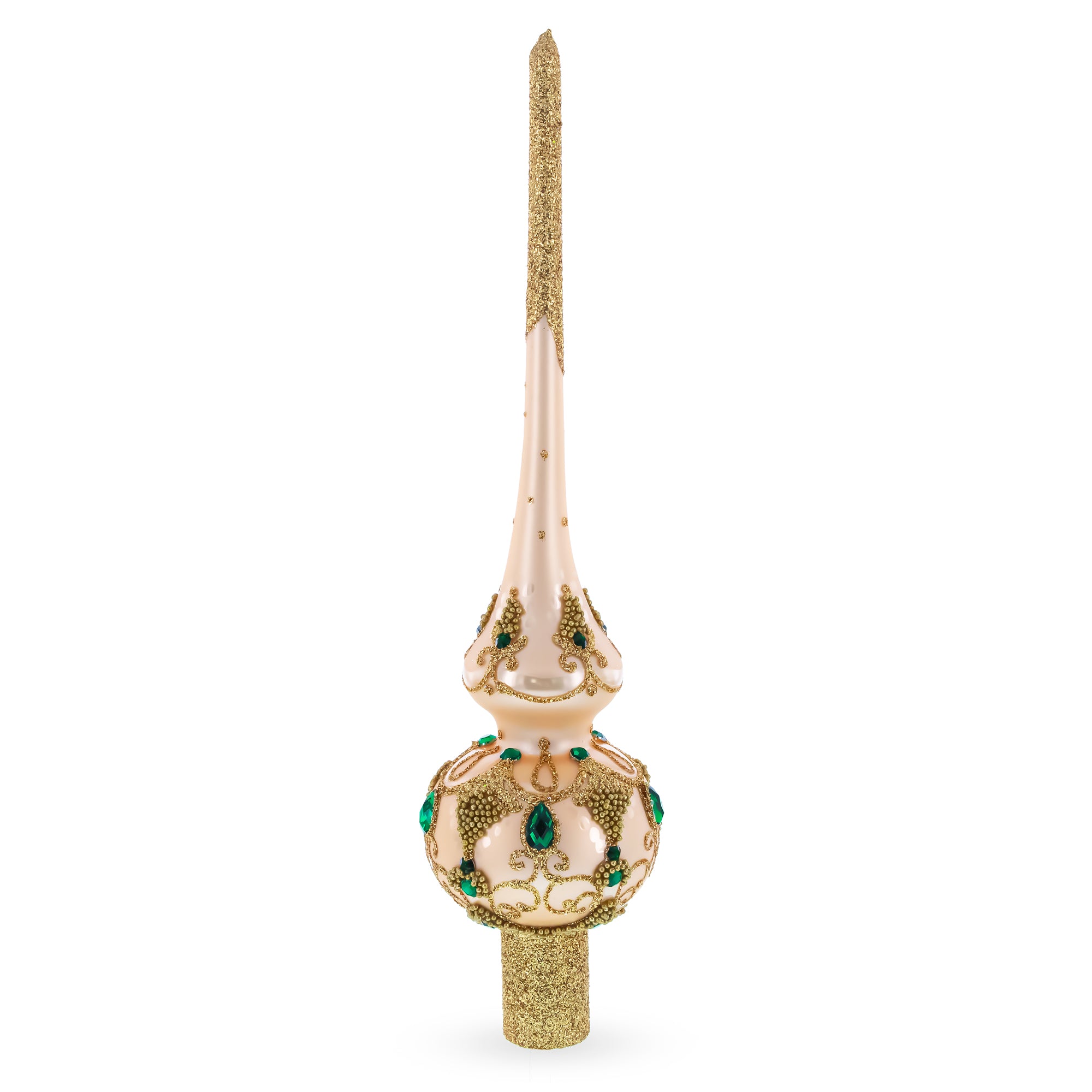 Gold Scrolls Emerald Green Jewels on Pearl White Glass Christmas Tree Topper 11 Inches in White color Triangle