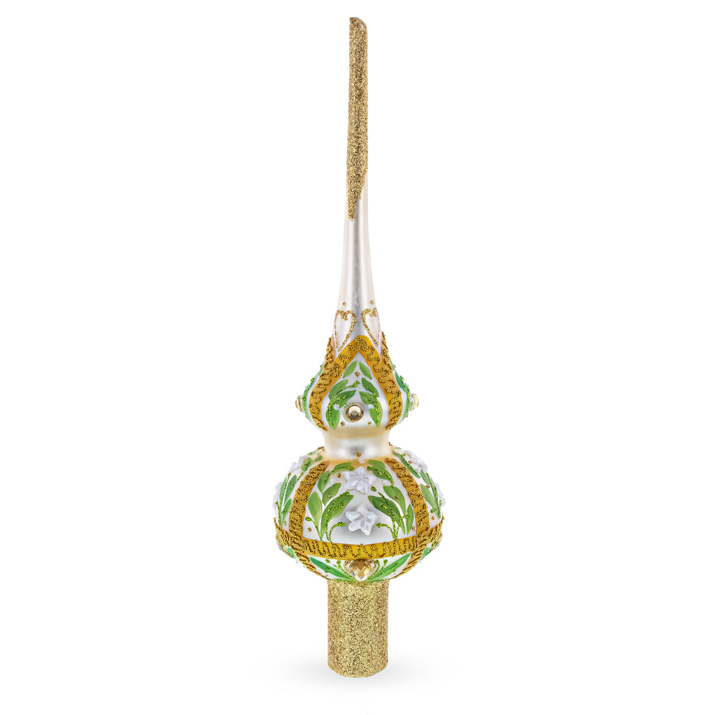 Victorian Green & Gold Glass Christmas Tree Topper 11 Inches in White color Triangle