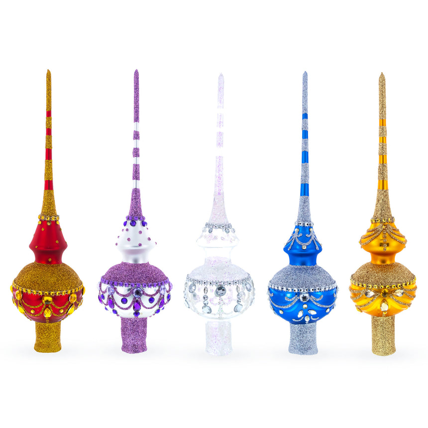 Bow and Bells on White Mouth Blown Glass Christmas Tree Topper 11 InchesUkraine , dimensions in inches:  x  x