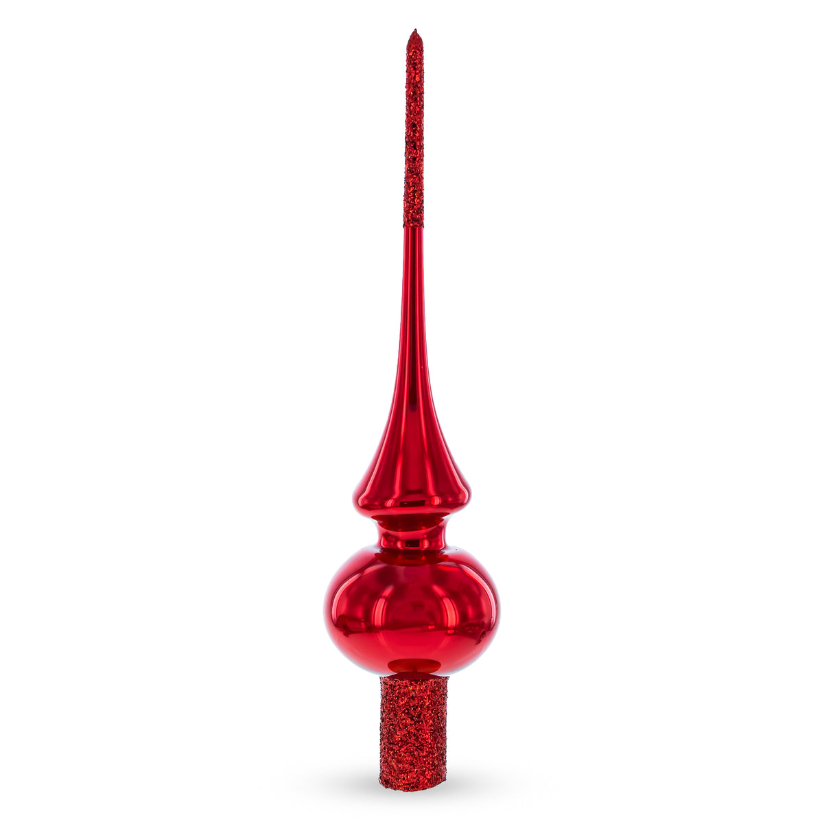 Glass Glossy Red with Sparkling Top Hand Crafted Mouth Blown Glass Christmas Tree Topper 11 Inches in Red color Triangle