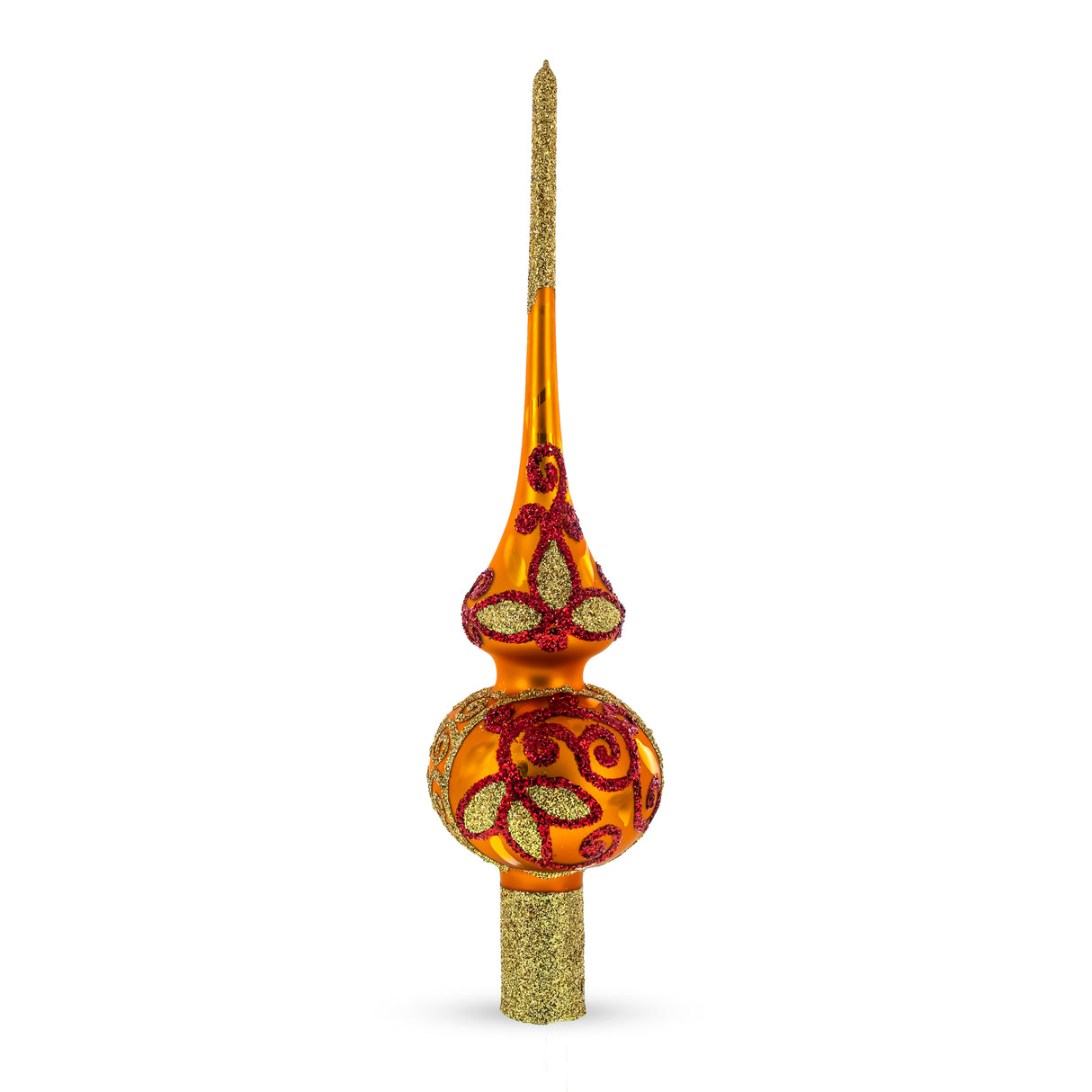 Sparkling Leaves on Gold Artisan Hand Crafted Mouth Blown Glass Christmas Tree Topper 11 Inches in Gold color, Triangle shape
