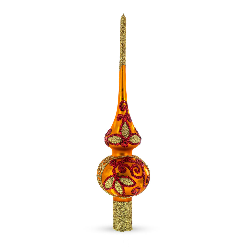 Sparkling Leaves on Gold Artisan Hand Crafted Mouth Blown Glass Christmas Tree Topper 11 Inches in Gold color, Triangle shape