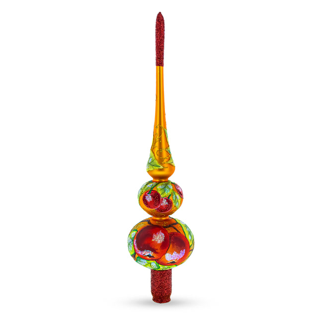 Peaches on Gold Artisan Hand Crafted Mouth Blown Glass Christmas Tree Topper 12.5 Inches in Red color, Triangle shape