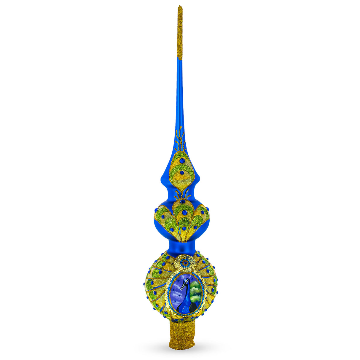 Peacock Double Ball  Artisan Hand Crafted Mouth Blown Glass Christmas Tree Topper 16 Inches in Purple color, Triangle shape