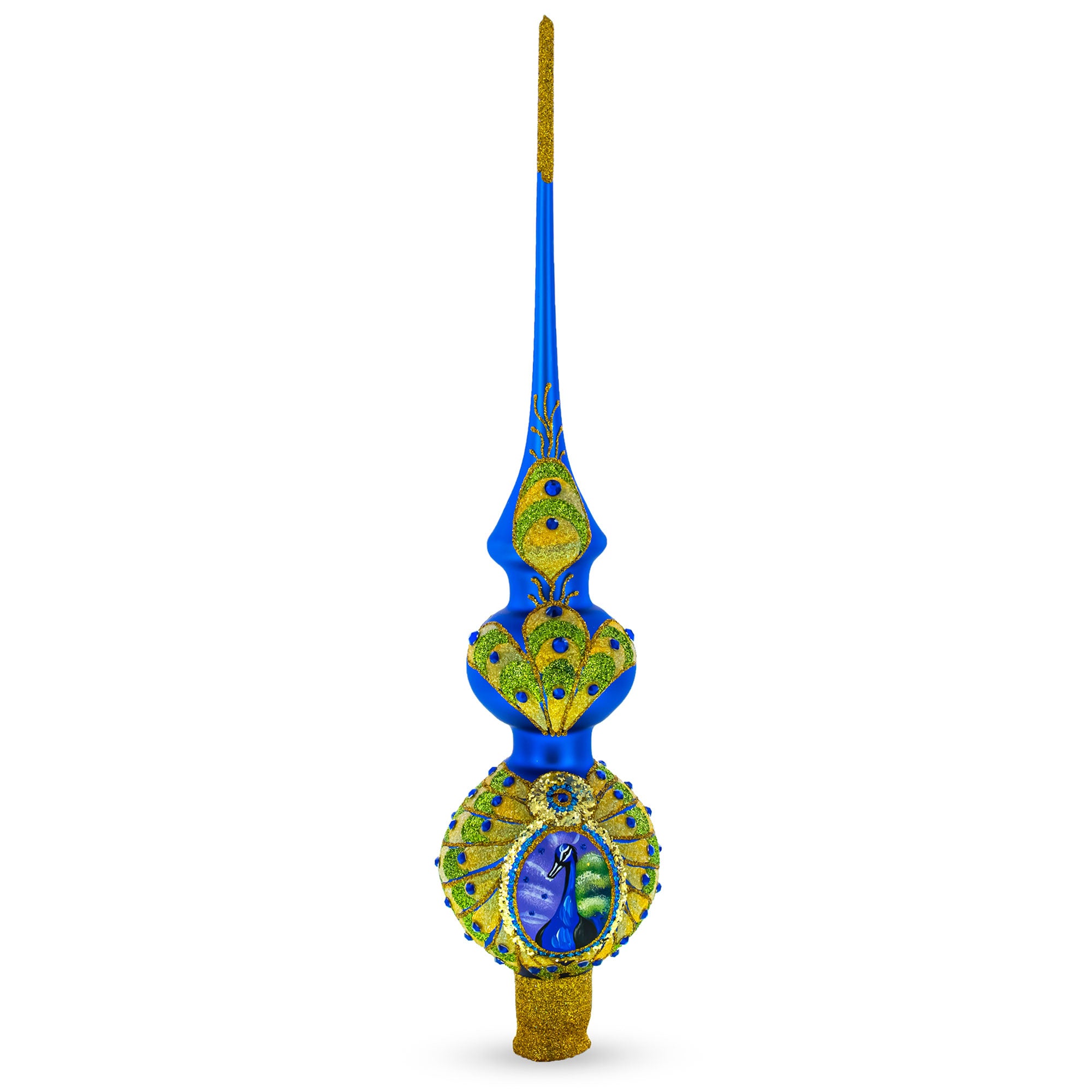 Peacock Double Ball Mouth Blown Glass Christmas Tree Topper 16 Inches in Purple color Triangle